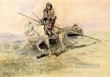 Indios americanos Painting - Indio a caballo con un niño 1901 Charles Marion Russell Indios Americanos